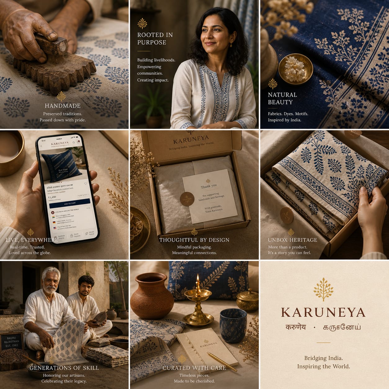 Karuneya Crafts — 9-panel mosaic showing block-printed textiles, master artisan, packaging, mobile product page, founder portrait, and Devanagari + Tamil wordmark