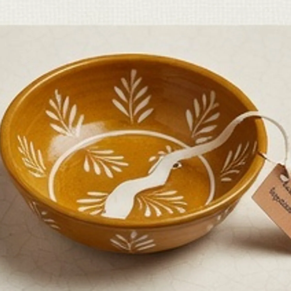Mustard-Glazed Hand-Painted Serving Bowl